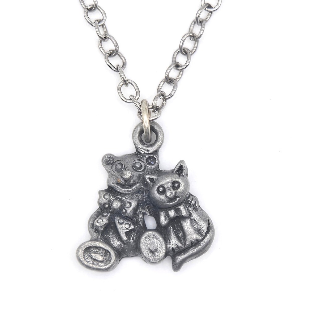 Vintage Pewter Tone Teddy Bear and Cat Pendant Necklace Whimsical Animal Jewelry